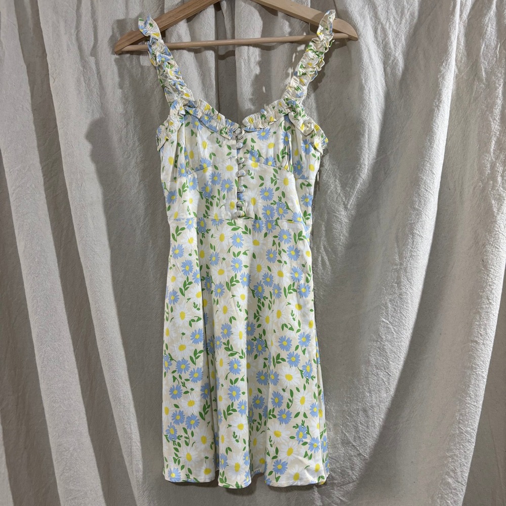 Zara Floral Ruffle Mini Dress XS Blue White Daisy Sundress Smocked Back